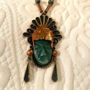 Jade and copper tribal mask necklace